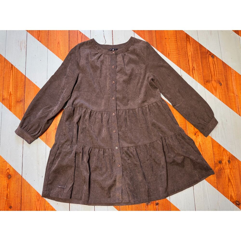 Simply Southern XL Brown Gray Corduroy Tiered Button Front Dress Boho Pockets - Picture 2 of 8